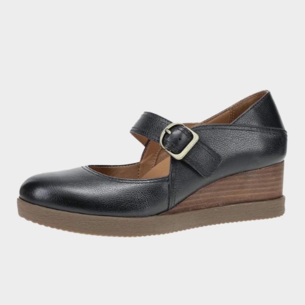 BNIB Dansko Sandy Black Leather Mary Jane Wedge with Brown Wood-Tone Heel 37